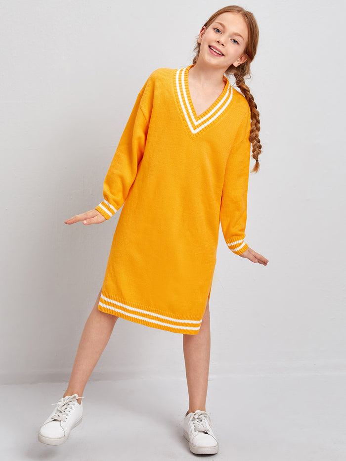 Girls V-neck Drop Shoulder Striped Sweater Dress