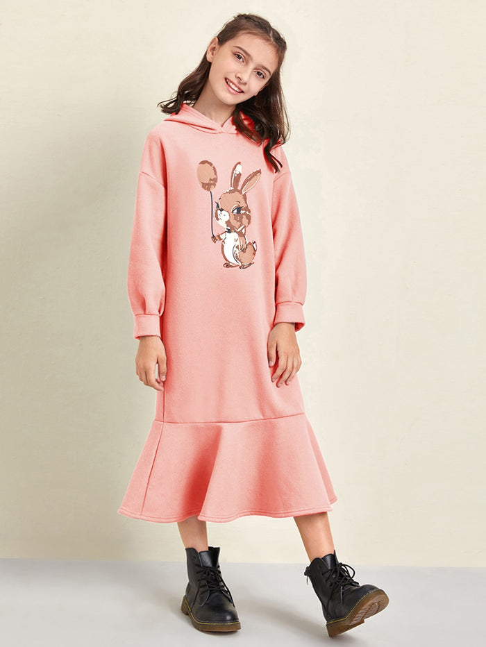 Girls Rabbit Print Drop Shoulder Flounce Hem Hoodie Dress Baby Pink