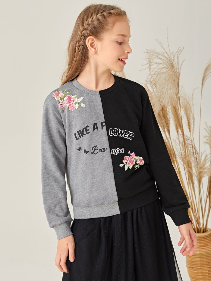 Girls Floral & Letter Graphic Colorblock Pullover