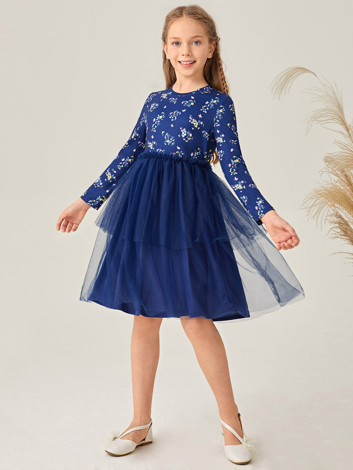 Girls Floral Layered Mesh Overlay Hem Dress