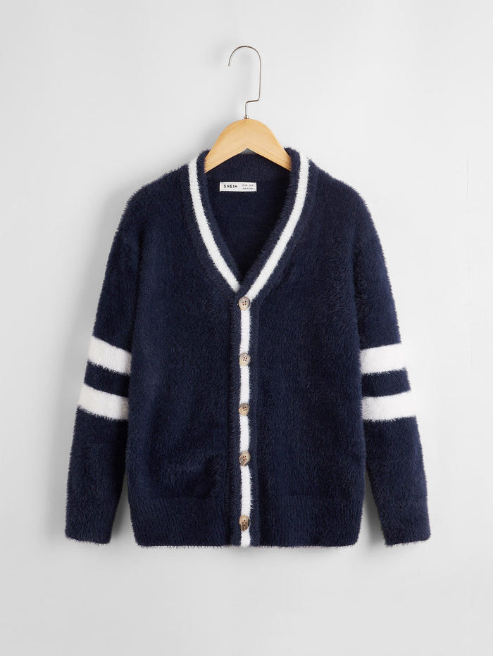 Boys Button Front Striped Sleeve Fuzzy Coat