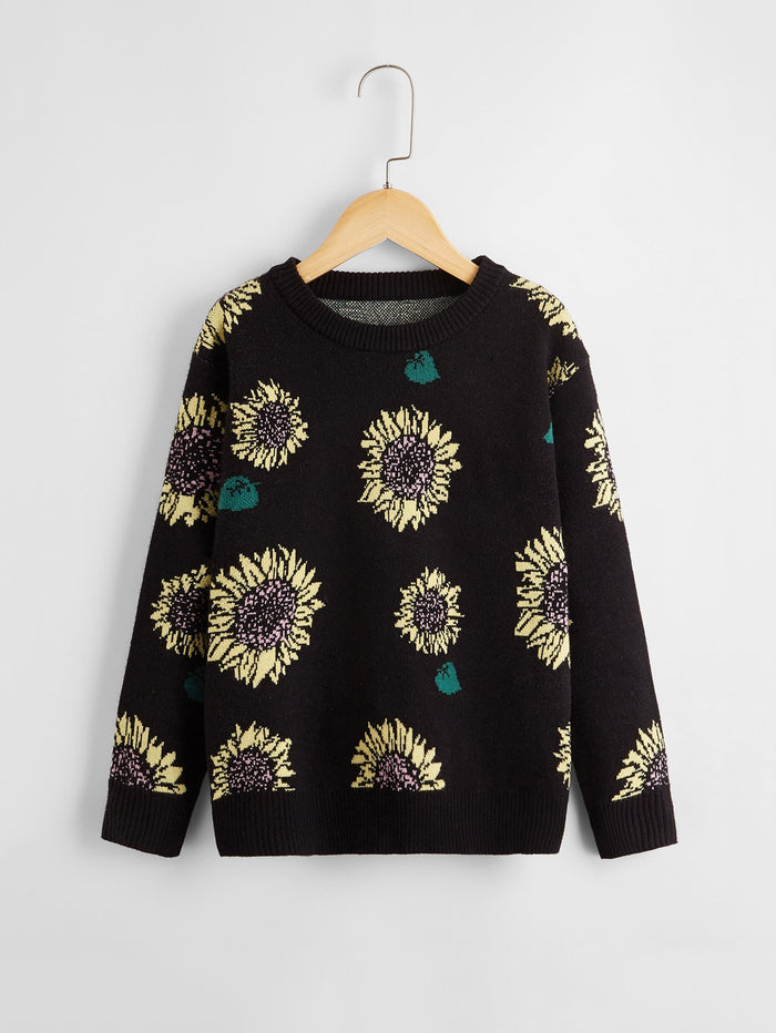 Girls Drop Shoulder Sunflower Pattern Sweater