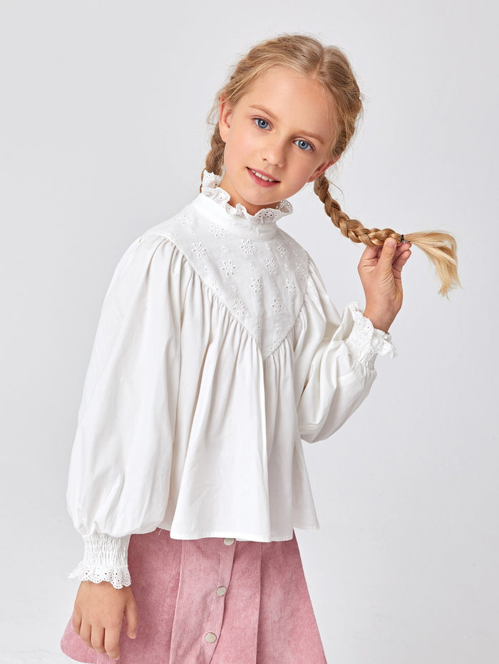 Girls Ruffle Trim Schiffy Yoke Lantern Sleeve Top