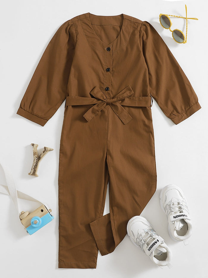 Toddler Girls Solid Button Belted Jumpsuit