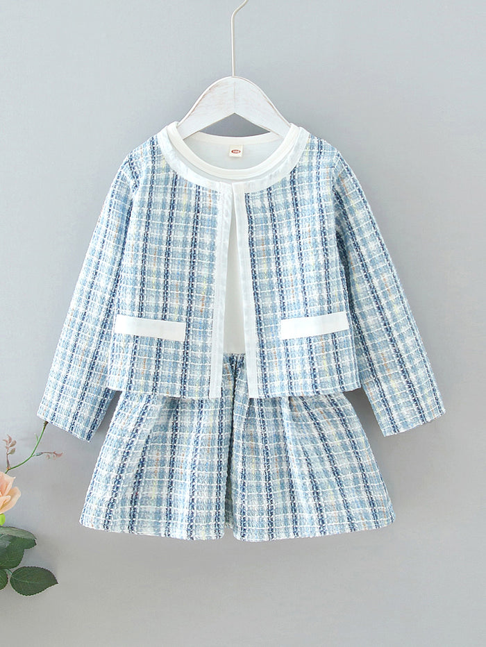 Toddler Girls Striped Tweed Jacket & Babydoll Dress Blue and White