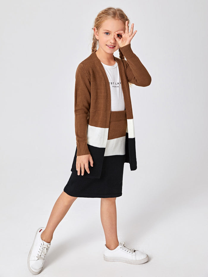 Girls Open Front Colorblock Cardigan and Knit Skirt Set