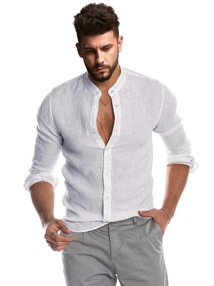 Men Stand Neck Button Up Shirt White