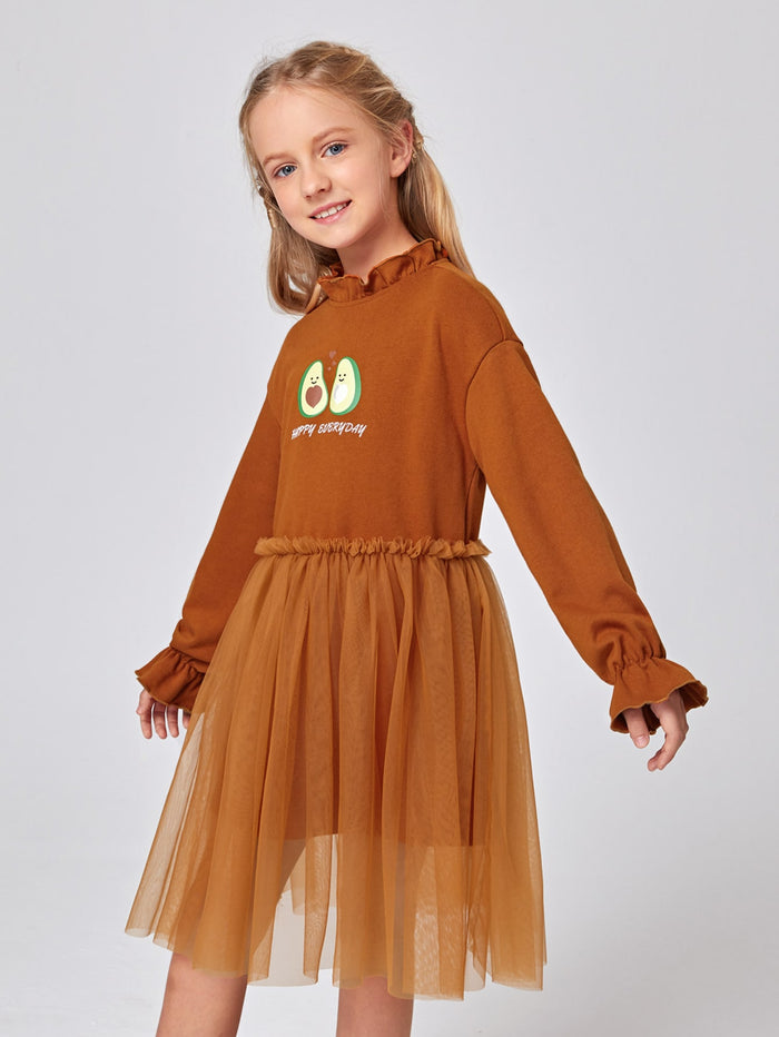 Girls Avocado and Letter Graphic Mesh Overlay Hoodie Dress