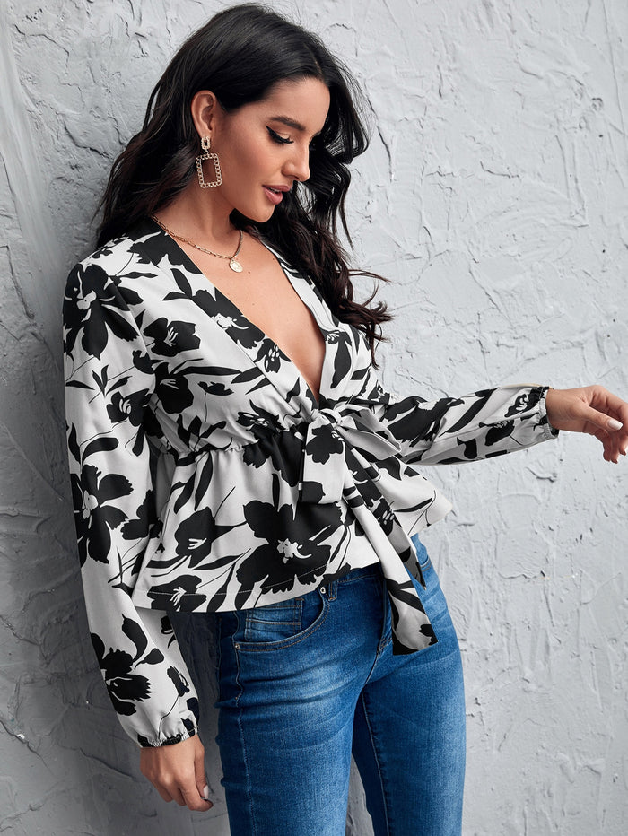 Tie Front Floral Print Peplum Top Black and White