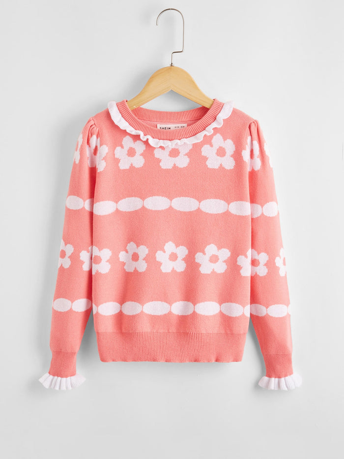 Girls Contrast Frill Detail Floral Pattern Sweater