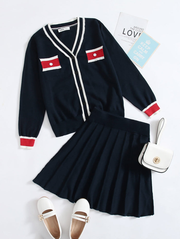 Girls V-neck Striped Cardigan & Pleated Skirt Set
