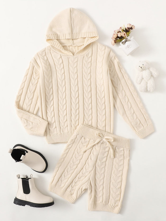 Girls Cable Knit Hooded Sweater & Bow Front Shorts Set