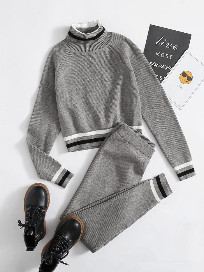 Girls Rolled Neck Sweater & Striped Pants Set