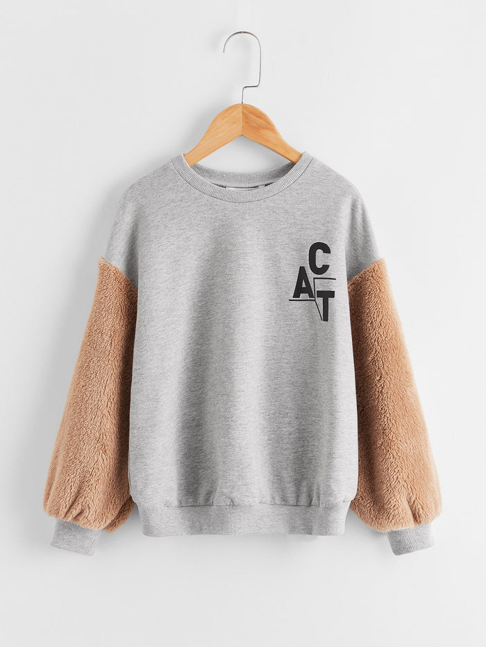 Girls Letter Graphic Faux Shearling Sleeve Pullover