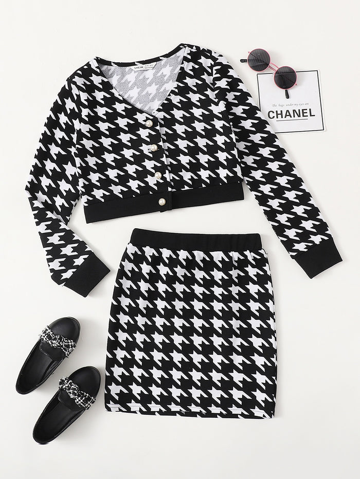 Girls Button Up Houndstooth Top and Skirt Set