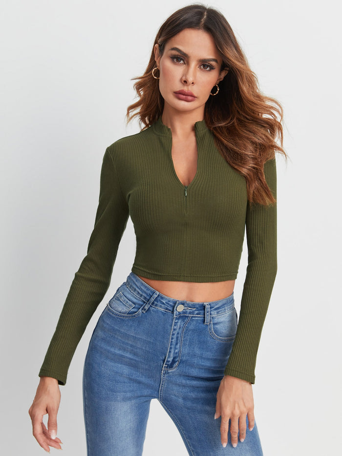 Zip Half Placket Rib-knit Tee Army Green