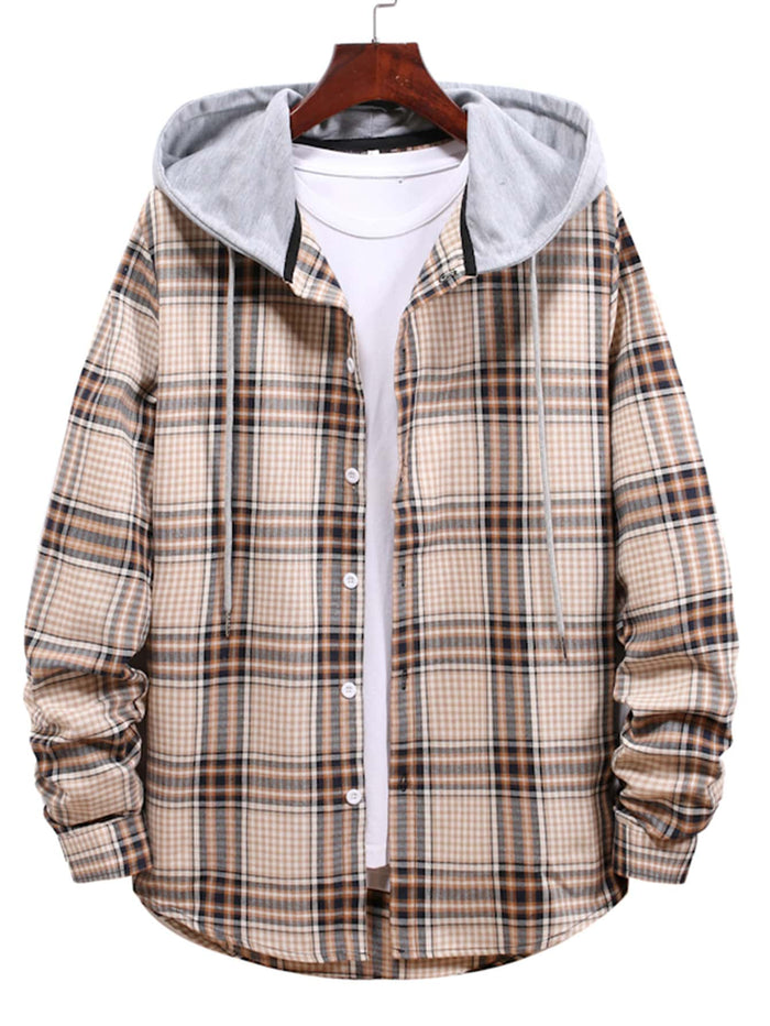 Men Contrast Hooded Drawstring Plaid Shirt Without Tee