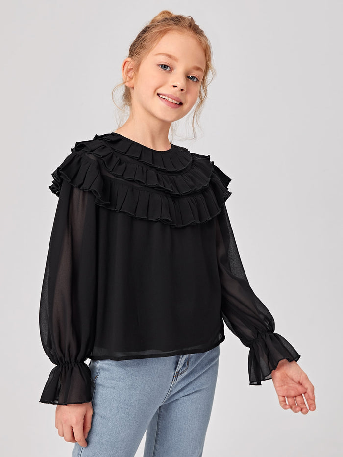 Girls Flounce Sleeve Layered Ruffle Detail Chiffon Top