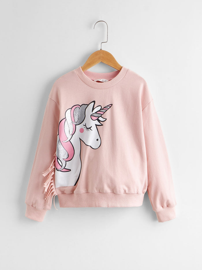 Girls Drop Shoulder Unicorn Print Fringe Detail Pullover
