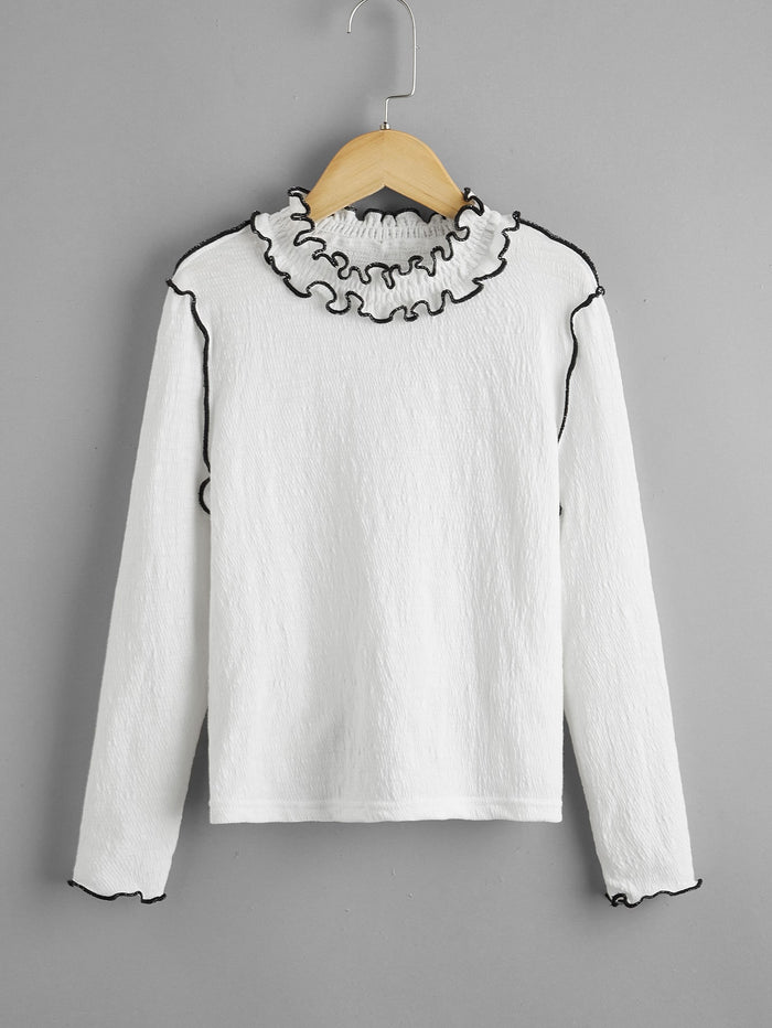 Girls Frill Detail Contrast Stitch Lettuce Trim Tee