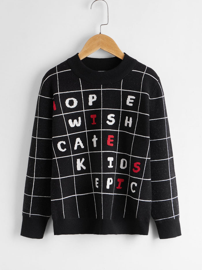 Boys Letter and Grid Pattern Sweater