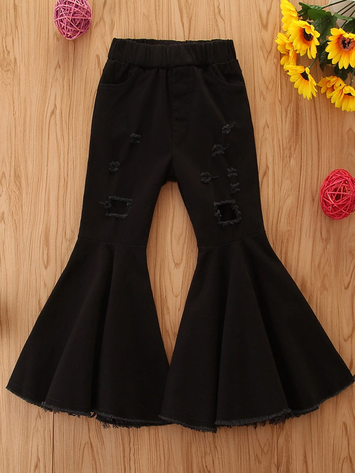 Toddler Girls Ripped Raw Hem Flare Leg Jeans Black