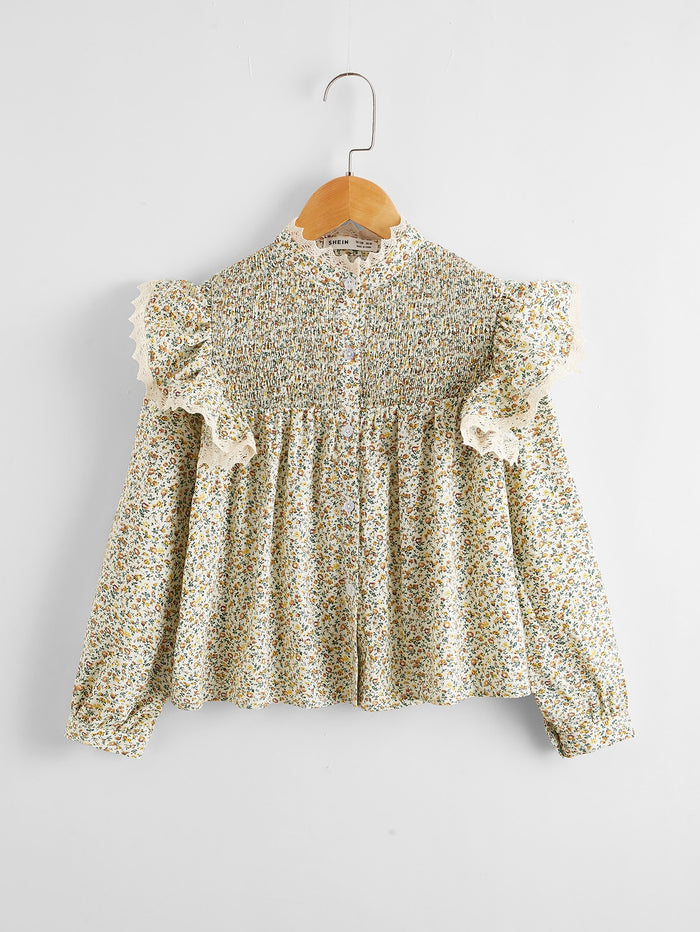 Girls Ditsy Floral Ruffle Detail Shirred Blouse