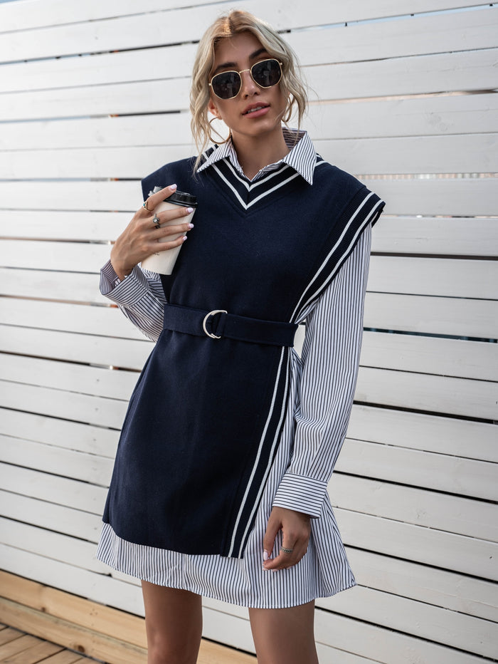 Striped Belted Vest With Shirt Dress Multicolor