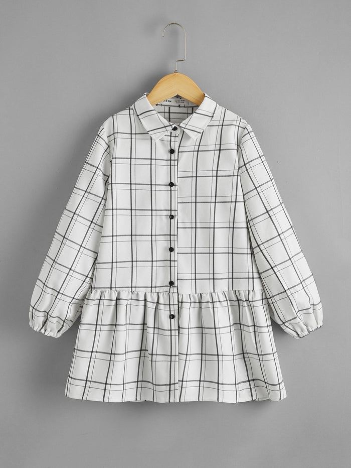 Girls Plaid Button Front Ruffle Hem Blouse