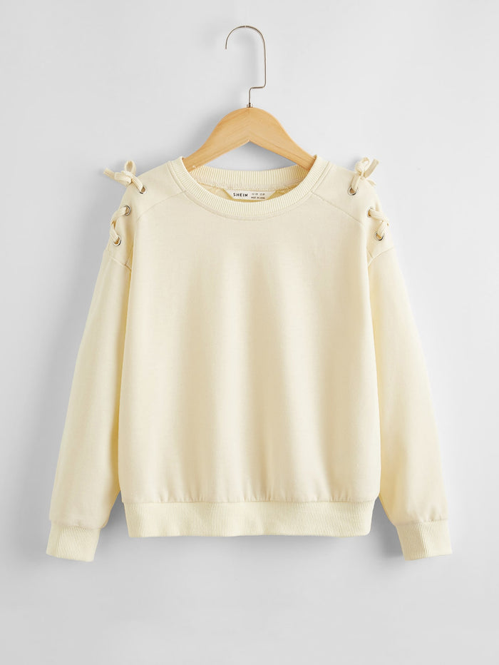 Girls Solid Lace Up Side Drop Shoulder Sweatshirt