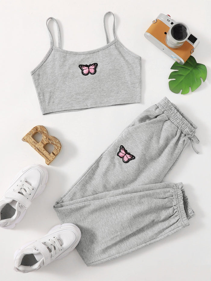 Girls Butterfly Patched Crop Cami Top and Sweatpants Set Light Grey