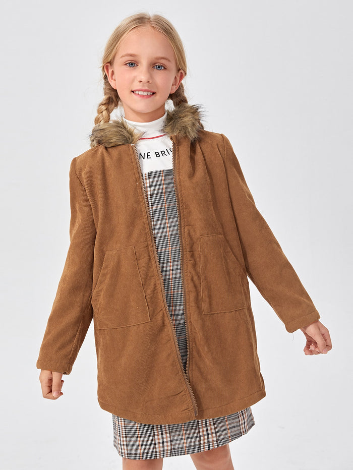 Girls Fuzzy Trim Zip Front Cord Coat Brown