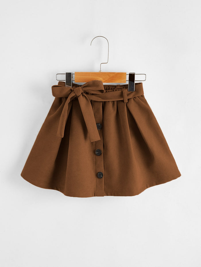 Toddler Girls Self Tie Button Detail Flare Skirt Brown