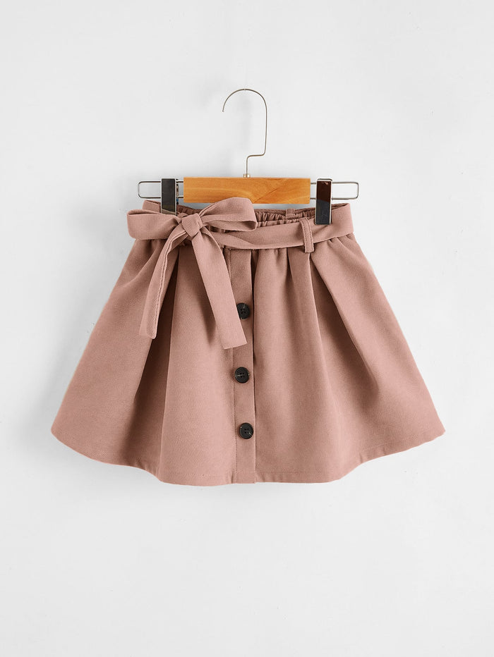 Toddler Girls Self Tie Button Detail Flare Skirt Dusty Pink