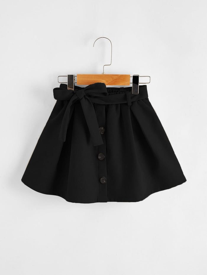 Toddler Girls Self Tie Button Detail Flare Skirt Black