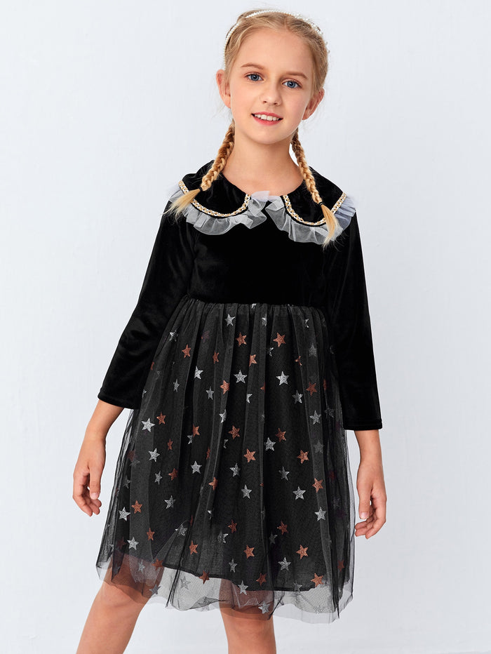 Girls Peter Pan Collar Mesh Panel Velvet Dress