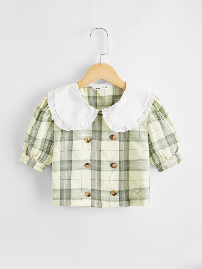 Girls Contrast Peter-pan Collar Puff Sleeve Plaid Top
