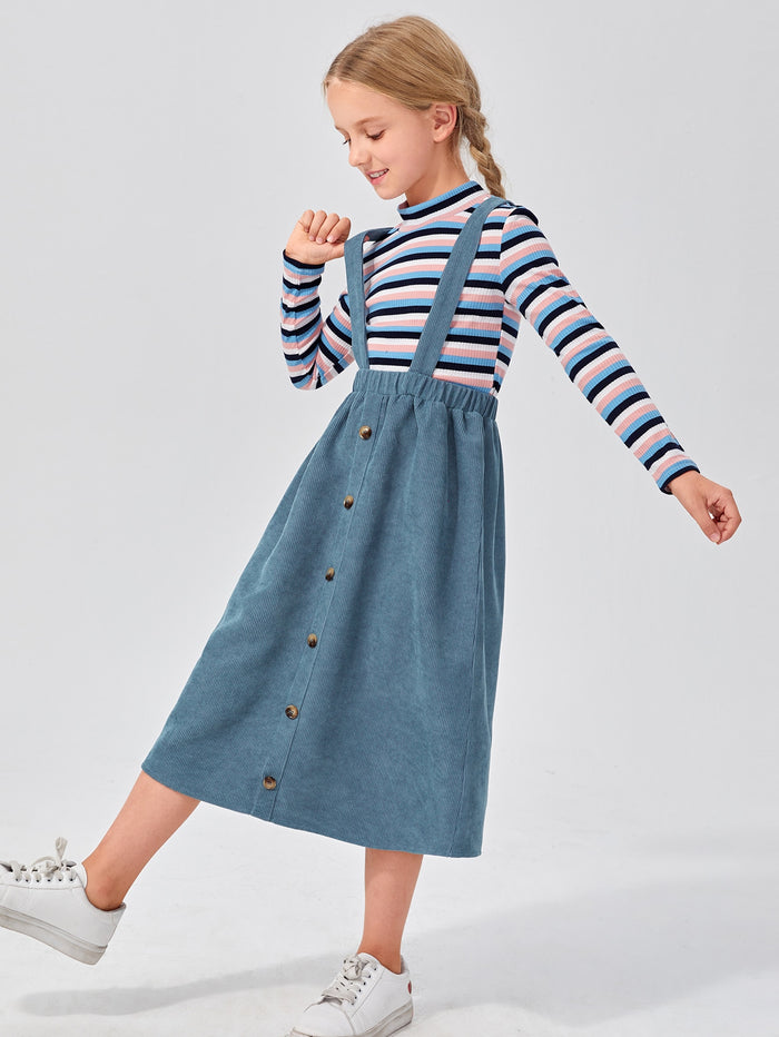 Girls Striped Rib-knit Tee and Button Front Cord Pinafore Skirt Set