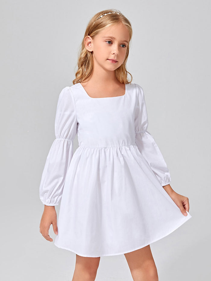 Girls Square Neck Lantern Sleeve Dress