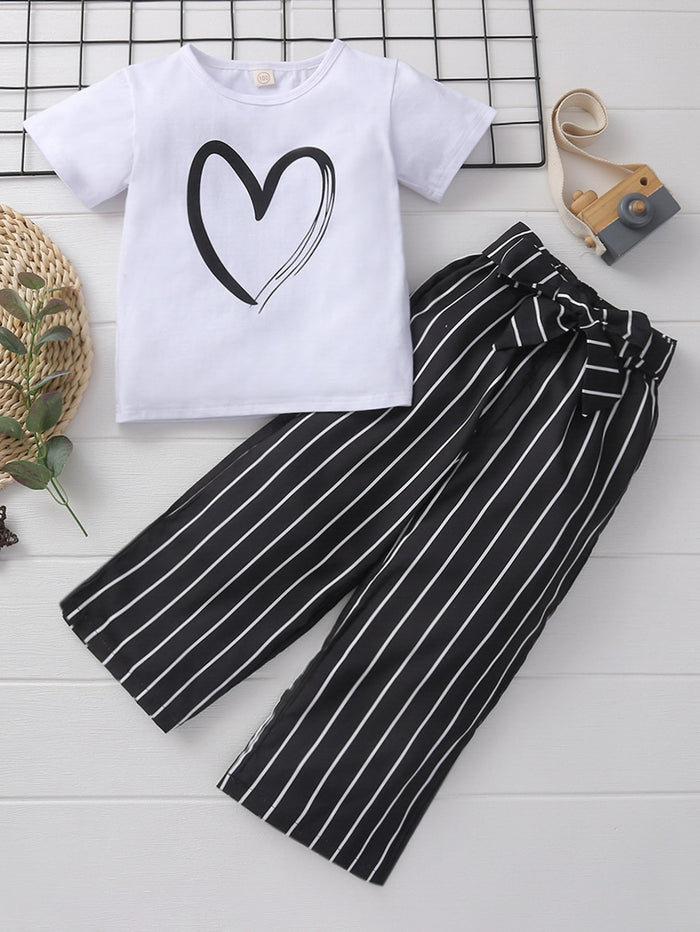 Toddler Girls Heart Print Tee & Striped Belted Pants