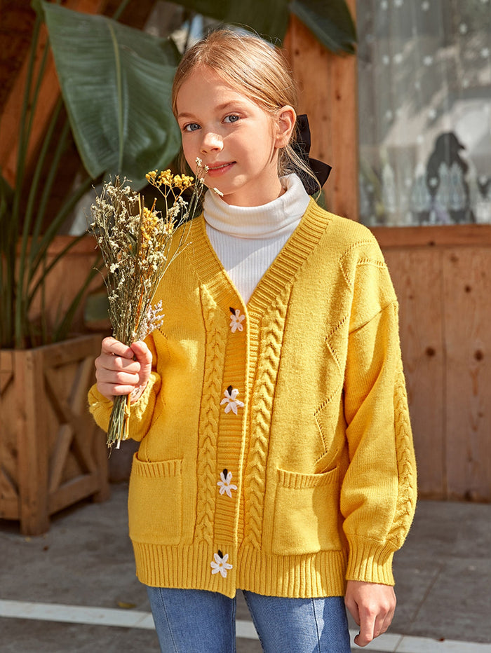 Girls Floral Embroidered Textured Knit Cardigan