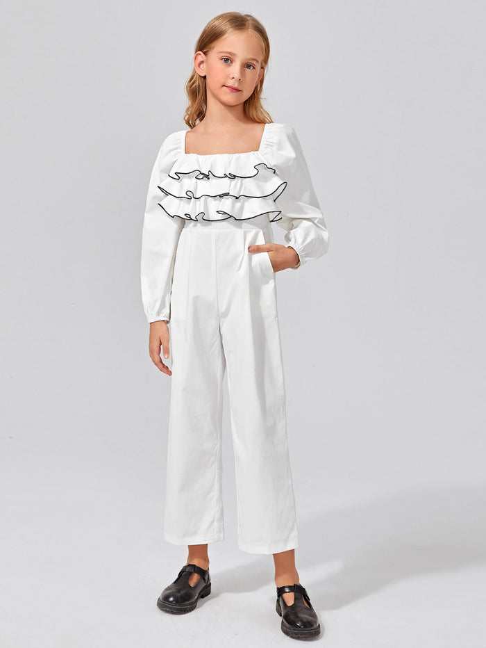Girls Contrast Stitch Ruffle Trim Shirred Back Jumpsuit