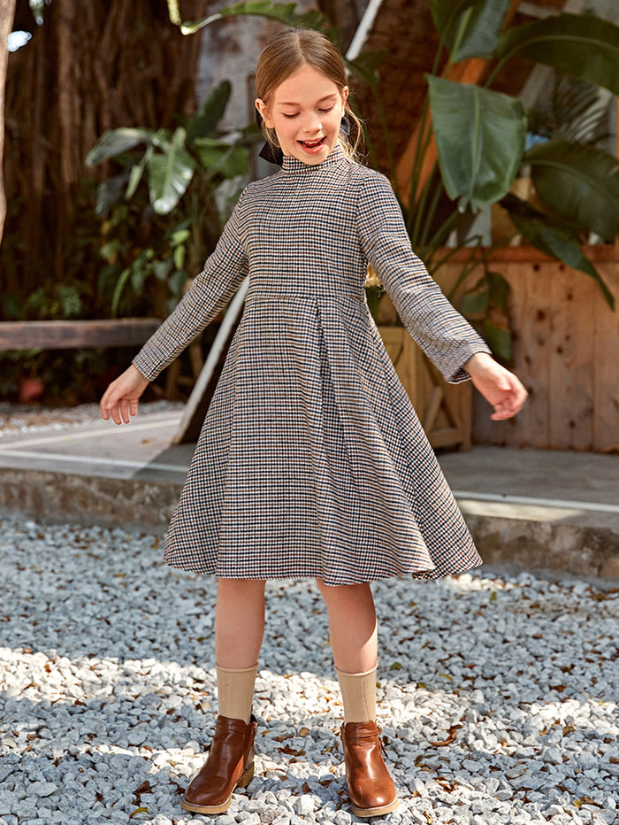 Girls Mock Neck Plaid Tweed Dress Without Belt