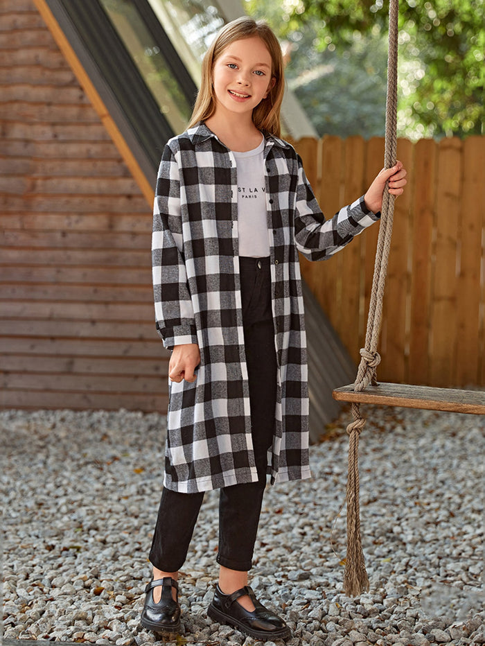Girls Gingham Button Up Longline Blouse