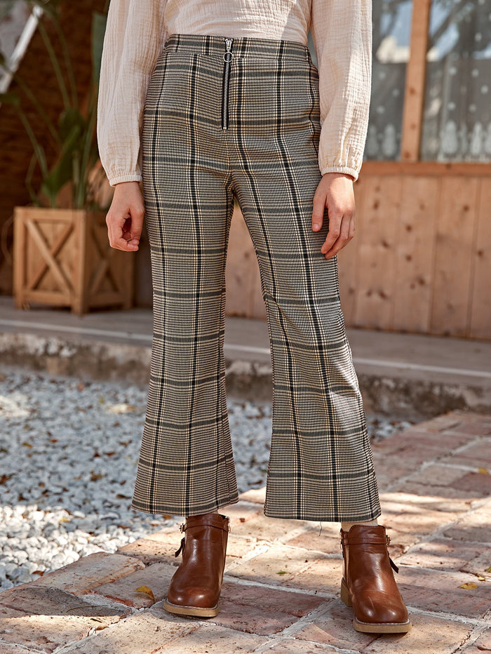 Girls O-ring Zip Up Plaid Flare Leg Pants