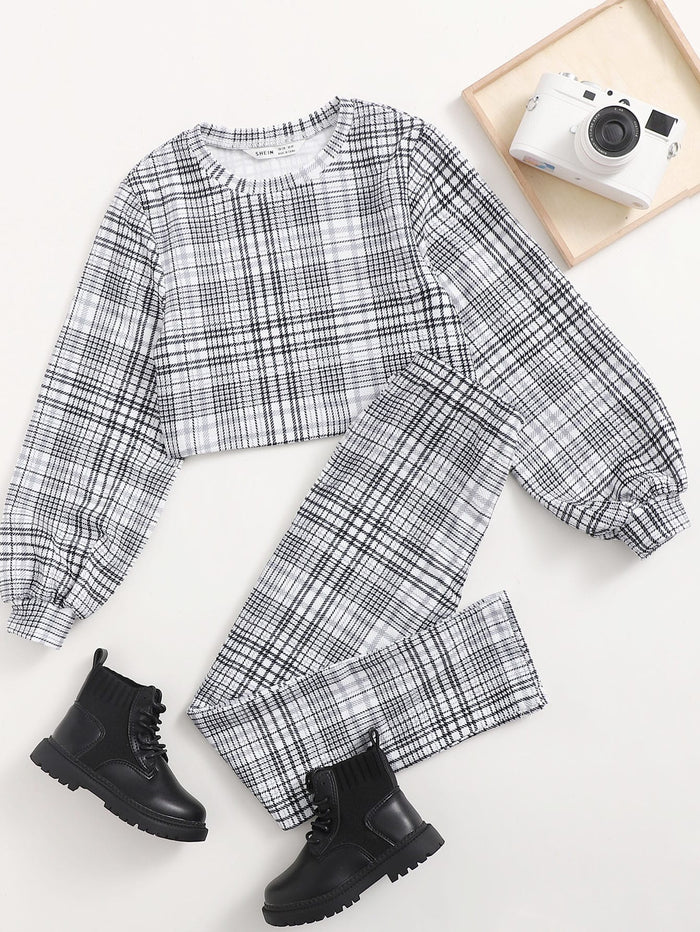 Girls Plaid Pullover and Leggings Set