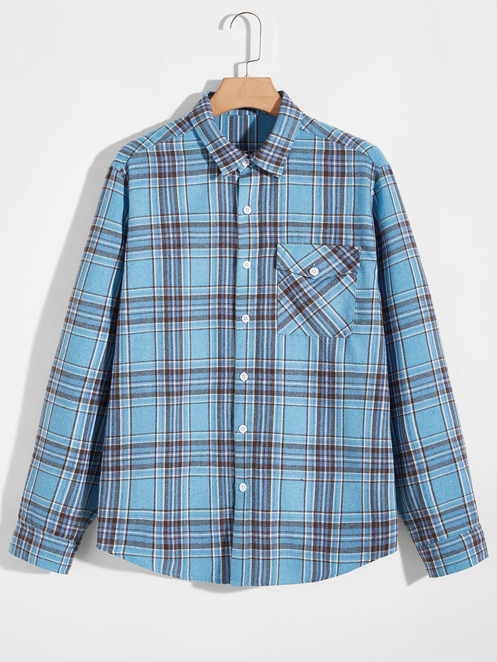 Men Flap Pocket Patched Tartan Shirt