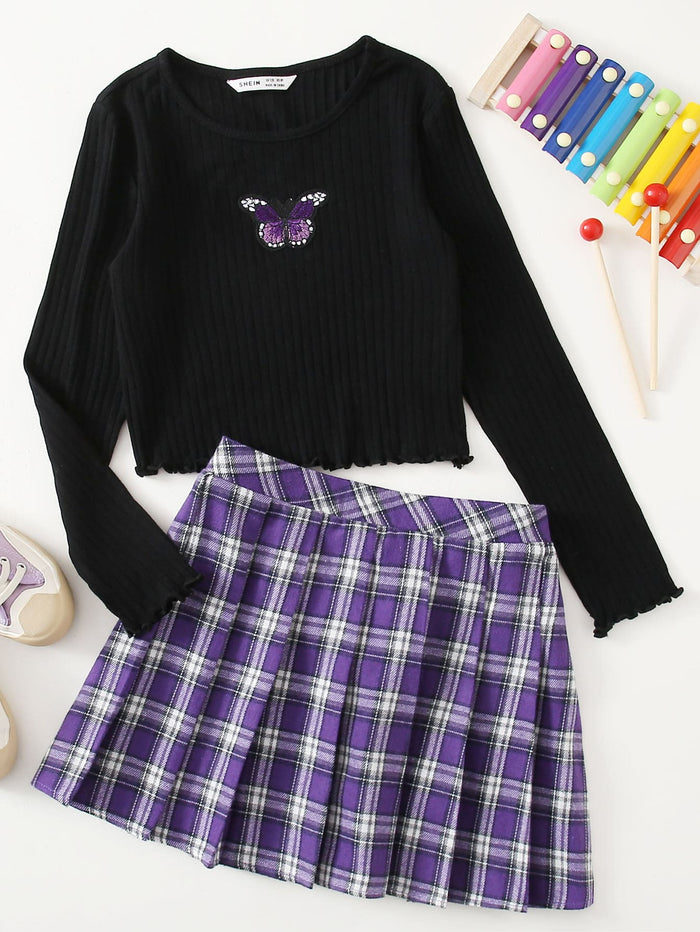 Girls Lettuce Trim Butterfly Embroidery Top & Pleated Tartan Skirt Set