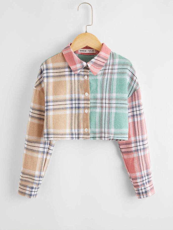 Girls Drop Shoulder Plaid Colorblock Blouse