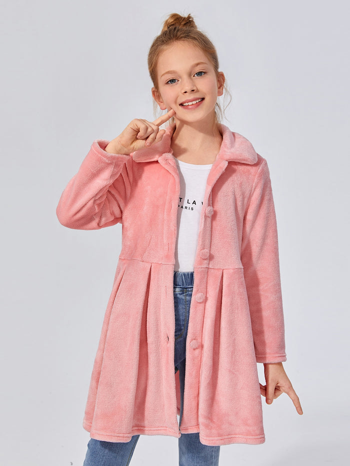 Girls Collared Buttoned Front Fold Pleated Teddy Coat